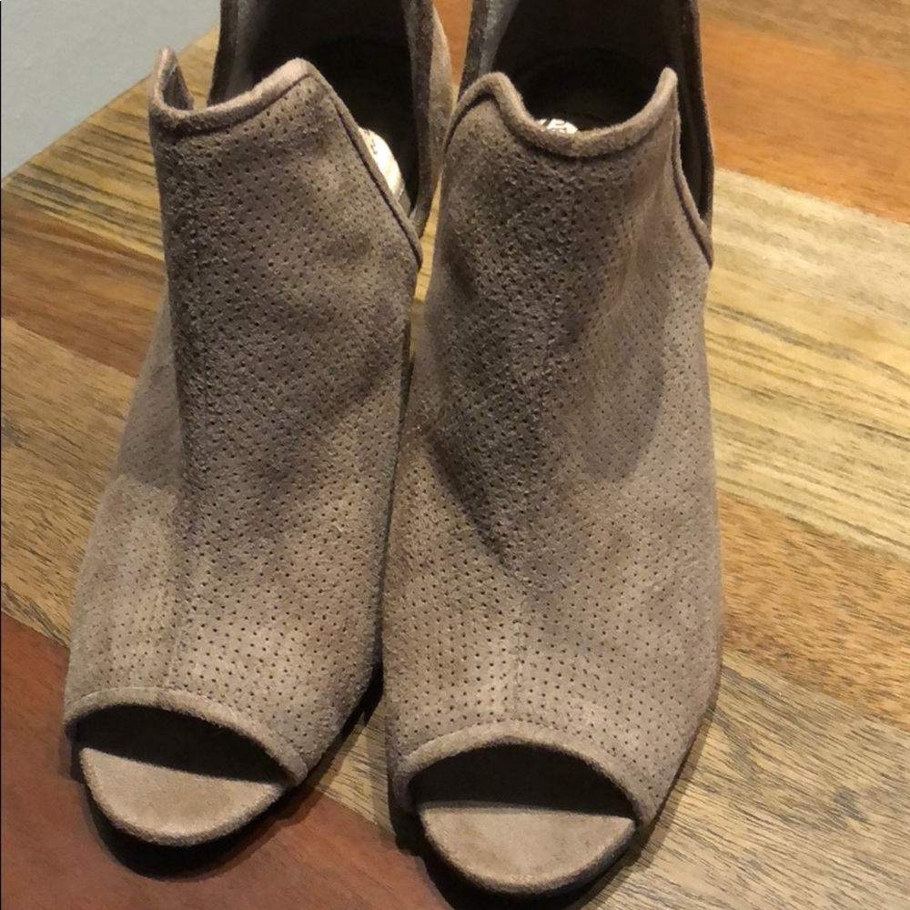 Brown suede peep toe bootie shoes